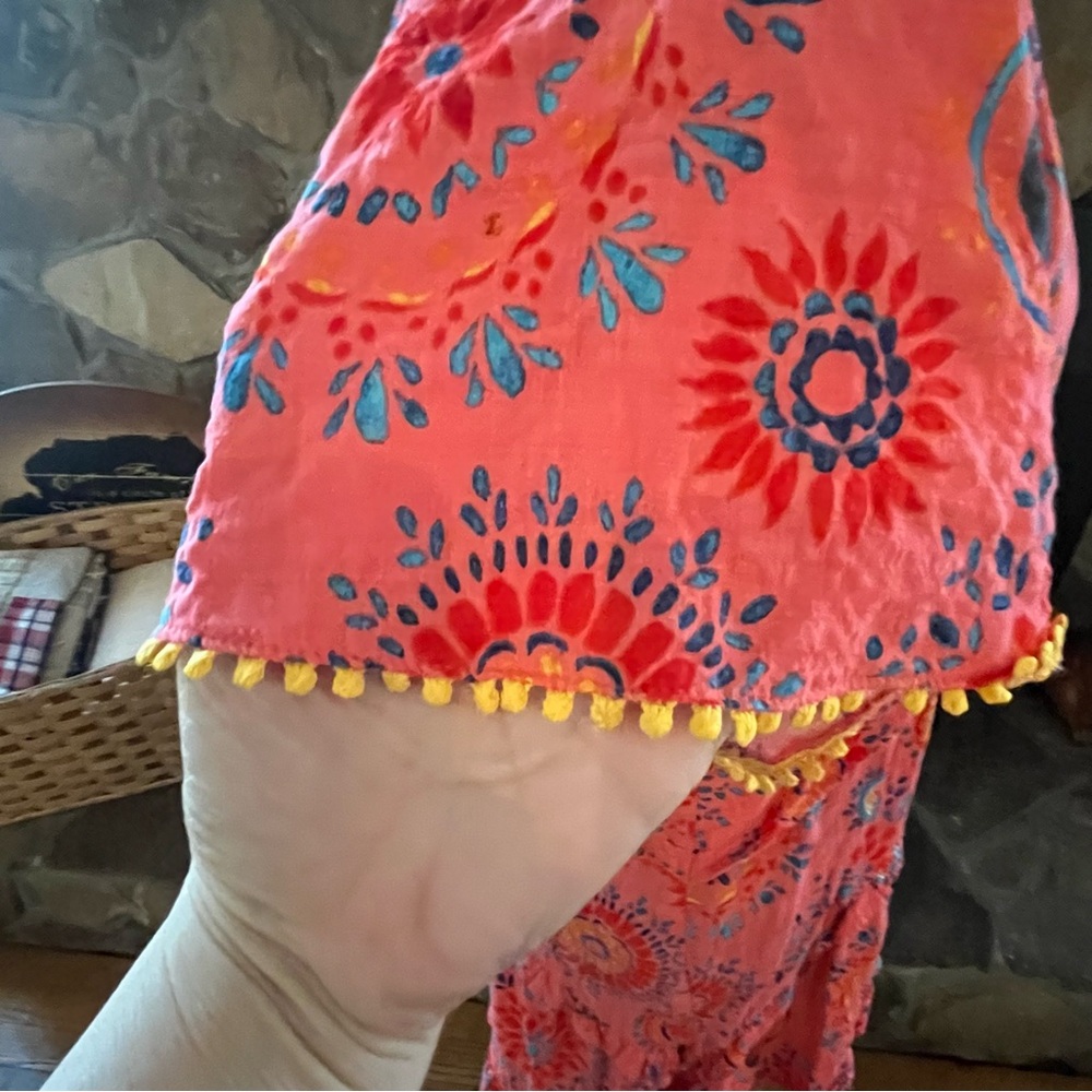 THML Sz M Mini Dress Linen-like Orange Printed Floral Tiered Blousy Sleeve Boho - Picture 5 of 8